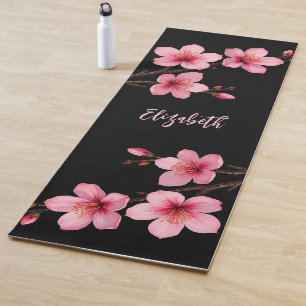 Watercolor Cherry Blossom Pink Black Monogram Yoga Mat