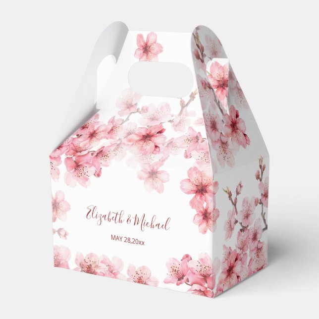 Watercolor Cherry Blossom Pink White Wedding Favor Box (Front Side)