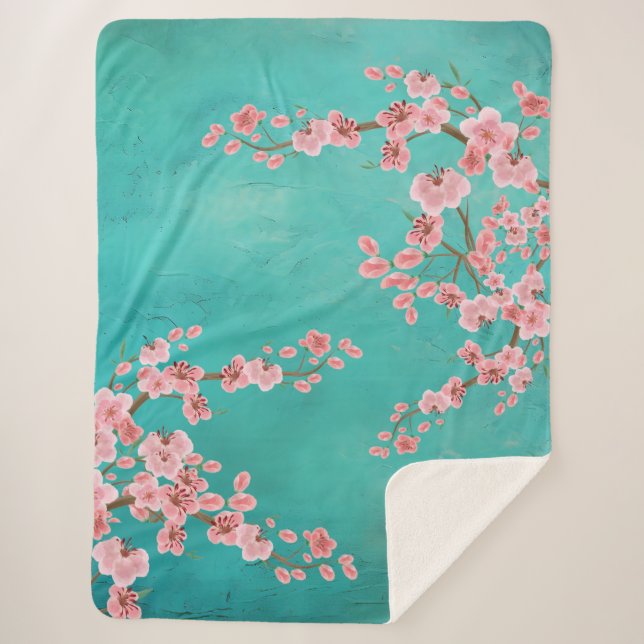 Watercolor Cherry Blossom Sherpa Blanket  (Front)