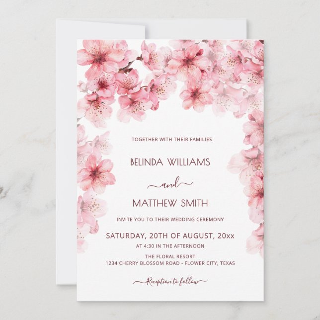  Watercolor Cherry Blossom Wedding Invitation (Front)