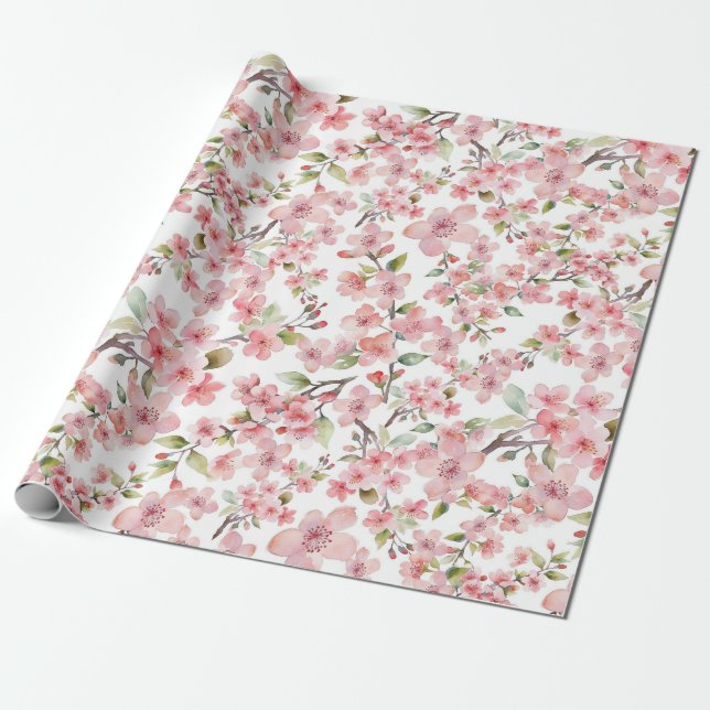Watercolor Cherry Blossom Wrapping Paper (Unrolled)