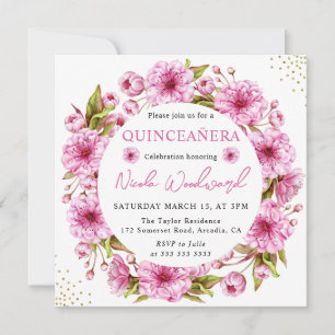 Watercolor Cherry Blossom Wreath Quinceanera Invitation