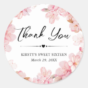 Watercolor Cherry Blossom Wreath Sweet Sixteen Classic Round Sticker