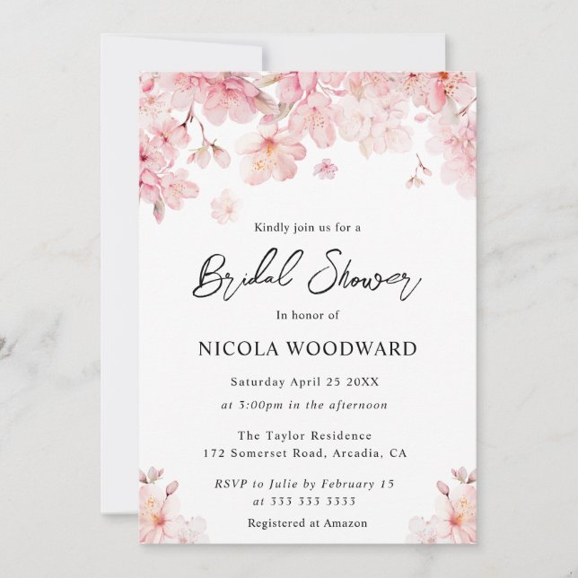 Watercolor Cherry Blossoms Bridal Shower Invitation (Front)