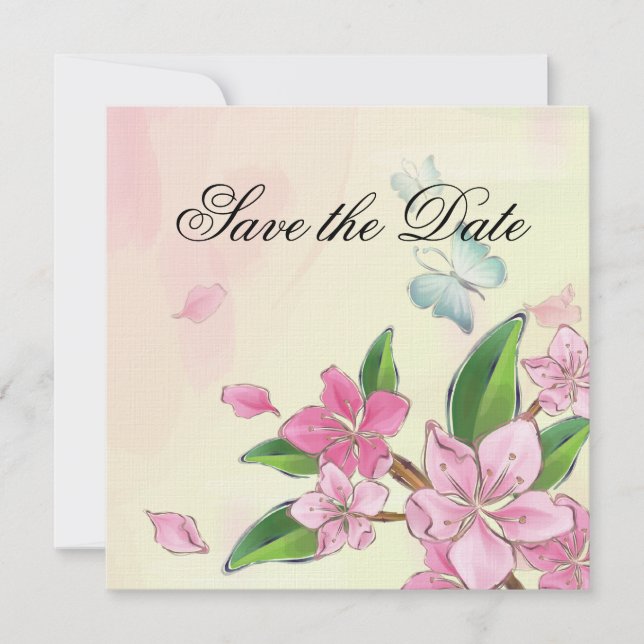 Watercolor Cherry Blossoms Butterflies Save The Date (Front)