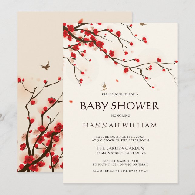 Watercolor Cherry Blossoms Floral Baby Shower Invitation (Front/Back)