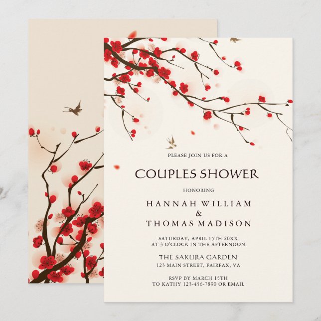 Watercolor Cherry Blossoms Floral Couples Shower Invitation (Front/Back)