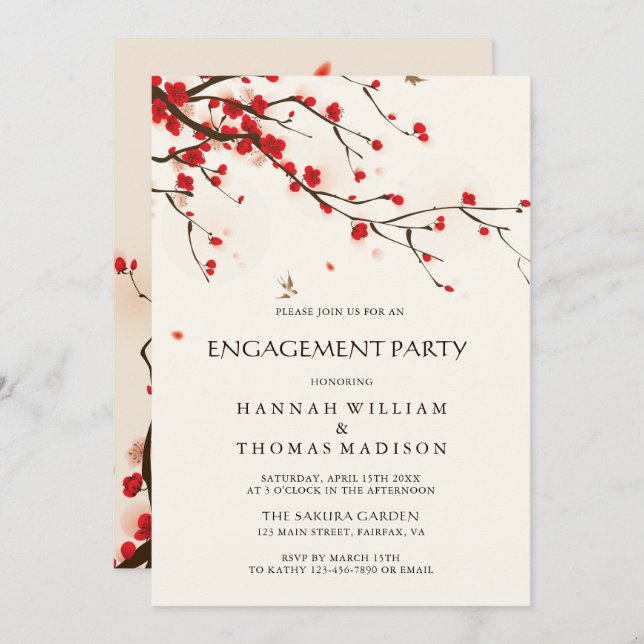 Watercolor Cherry Blossoms Floral Engagement Party Invitation (Front/Back)