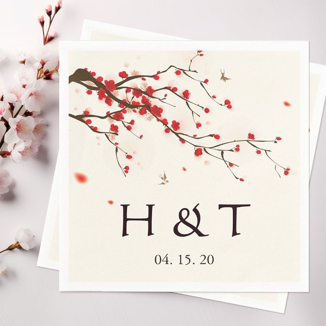 Watercolor Cherry Blossoms Floral Wedding Monogram Napkin (Creator Uploaded)