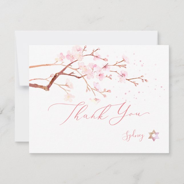 Watercolor Cherry Blossoms Mitzvah ✡ Thank You (Front)