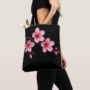 Watercolor Cherry Blossoms Pink Black Tote Bag