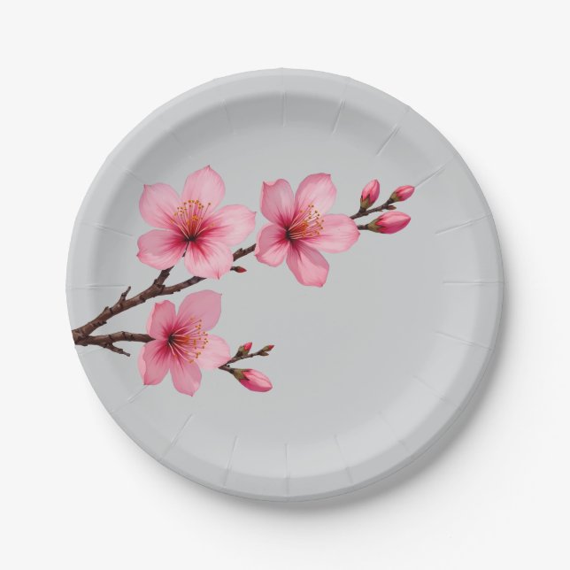 Watercolor Cherry Blossoms Pink Grey Paper Plate (Front)