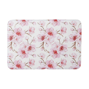  Watercolor Cherry Blossoms Pink White Bath Mat