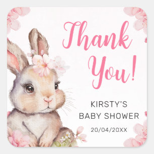 Watercolor Cherry Blossoms Rabbit Baby Shower Square Sticker