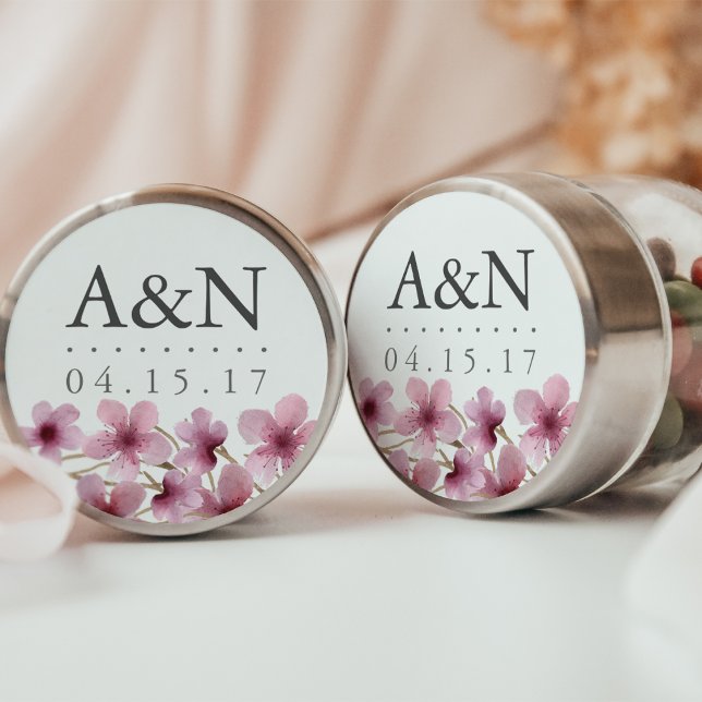 Watercolor Cherry Blossoms Wedding Monogram Classic Round Sticker (Creator Uploaded)