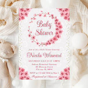 Watercolor Cherry Blossoms Wreath Baby Shower Invitation