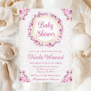 Watercolor Cherry Blossoms Wreath Baby Shower Invitation