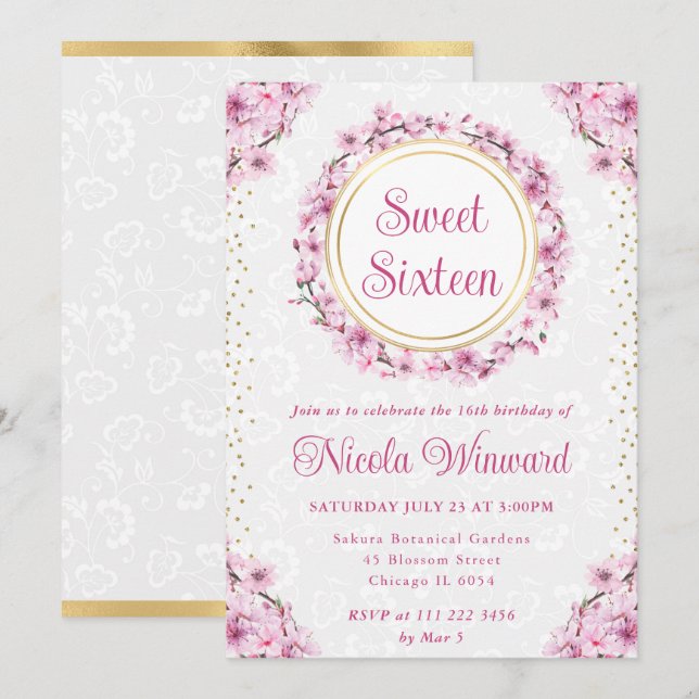 Watercolor Cherry Blossoms Wreath Sweet 16 Invitation (Front/Back)