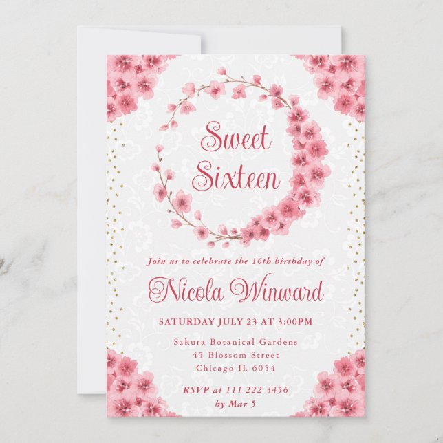 Watercolor Cherry Blossoms Wreath Sweet 16 Invitation (Front)