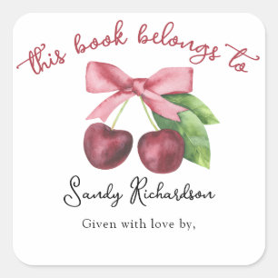 Watercolor cherry bow Baby Shower bookplate Square Sticker