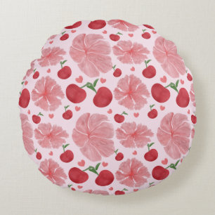 Watercolor Cherry Floral Pattern, Cute Cherries  Round Pillow
