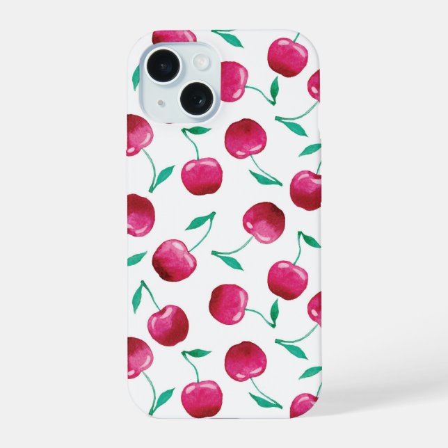 Watercolor Cherry Pattern iPhone 15 Case (Back)
