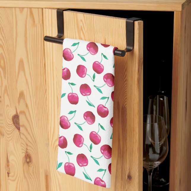 Watercolor Cherry Pattern Kitchen Towel (Thirds Fold)