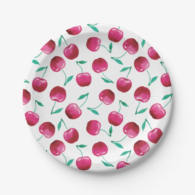 Watercolor Cherry Pattern Paper Plate (Front)