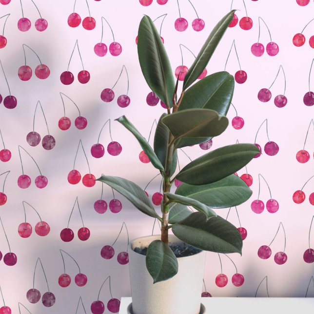 Watercolor Cherry Pattern Pink Wallpaper (Sweet watercolor cherry pattern art wallpaper in pink )