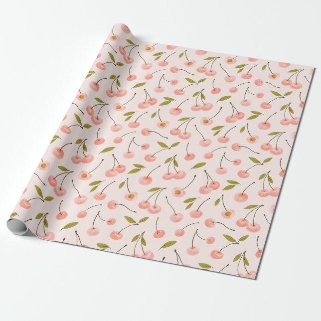 Watercolor Cherry Pattern Wrapping Paper (Unrolled)