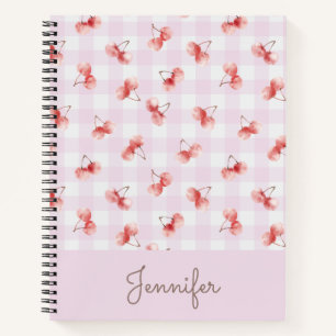 Watercolor Cherry Pink Gingham Pattern Custom Name Notebook