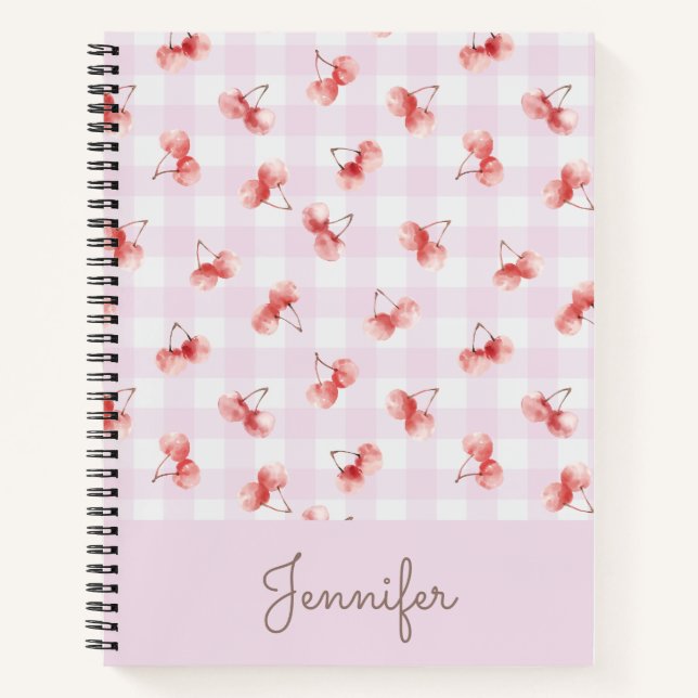 Watercolor Cherry Pink Gingham Pattern Custom Name Notebook (Front)