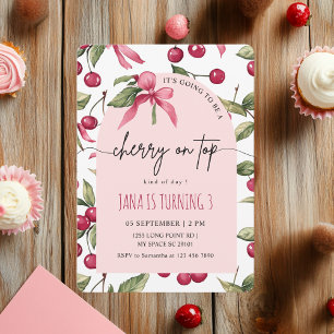 Watercolor Cherry Red & Pink Kids Birthday Invitation