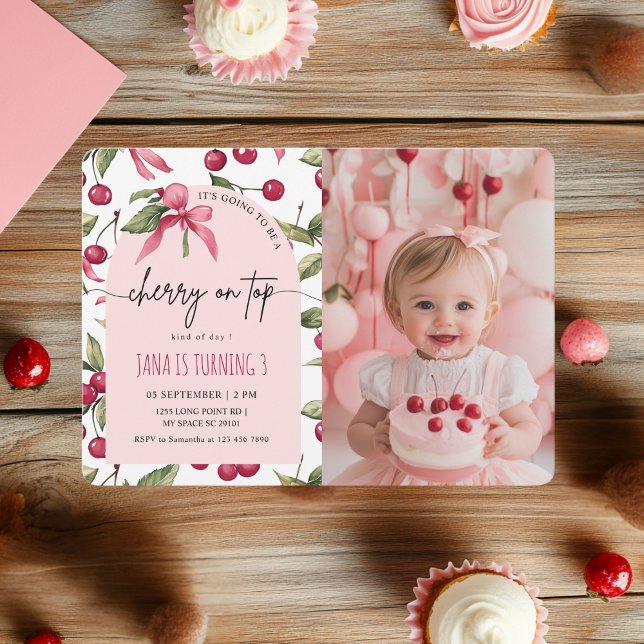 Watercolor Cherry Red & Pink Photo Birthday Invitation (Creator Uploaded)
