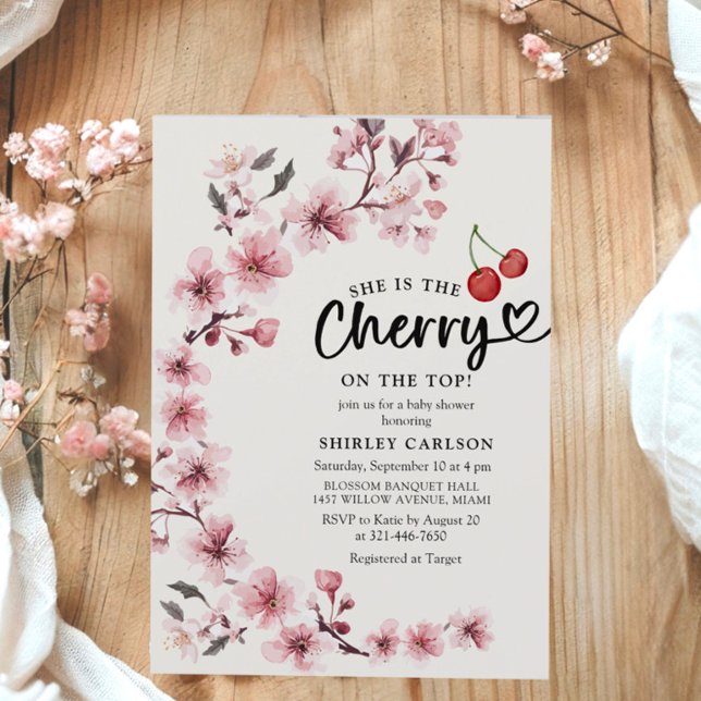 Watercolor Cherry Spring Girl Baby Shower Invitation (Creator Uploaded)