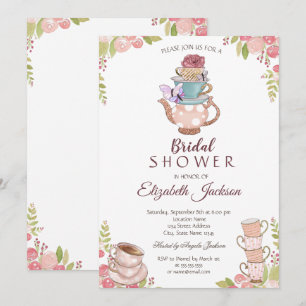 Watercolor Chic Flowers Teapot Bridal Shower Invitation
