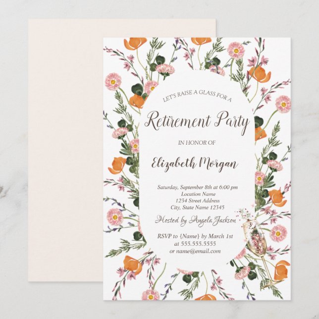 Watercolor Chic Meadow Champagne Glass Retirement  Invitation (Front/Back)