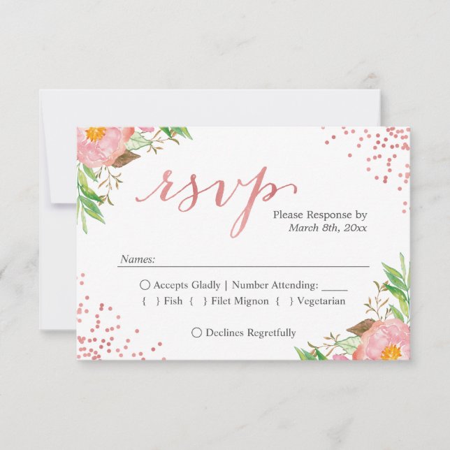 Watercolor Chic Pink Floral Wedding RSVP Response (Front)