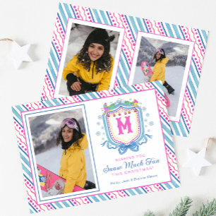 Watercolor Chic Ski Monogram Crest Holiday Card