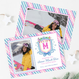 Watercolor Chic Ski Monogram Crest Holiday Card