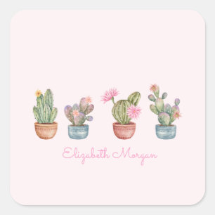 Watercolor Chic Succulents Pink Square Sticker
