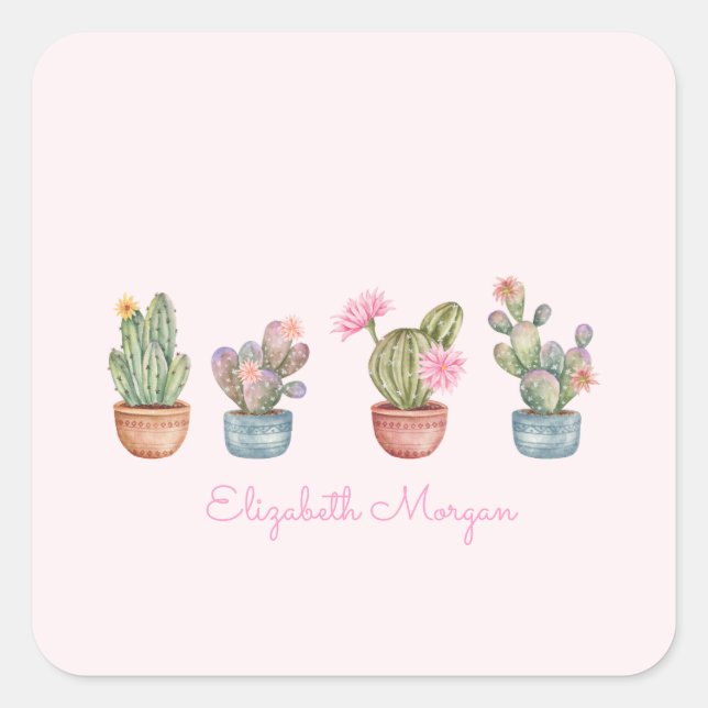 Watercolor Chic Succulents Pink Square Sticker (Front)