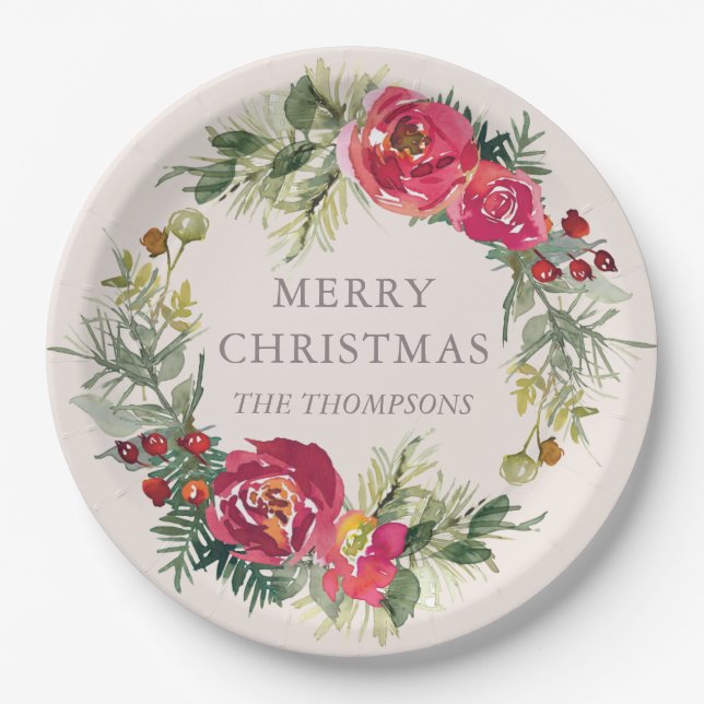 Watercolor Chic Winter Floral Personalized Name Paper Plate (Front)