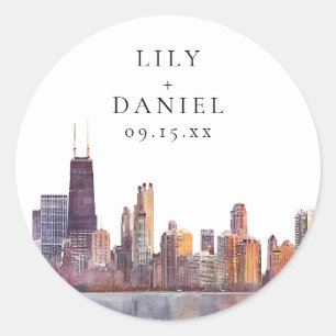 Watercolor Chicago Skyline Destination Wedding Classic Round Sticker