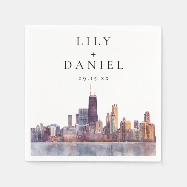Watercolor Chicago Skyline Destination Wedding Napkin (Front)