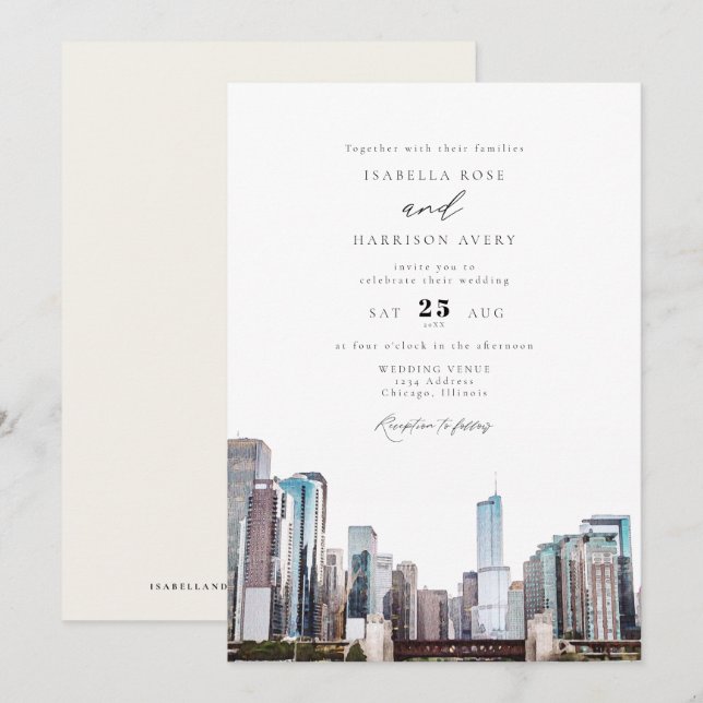 Watercolor Chicago Skyline Faire-part de mariage (Devant / Derrière)