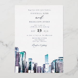 Watercolor Chicago Skyline Wedding Invitation