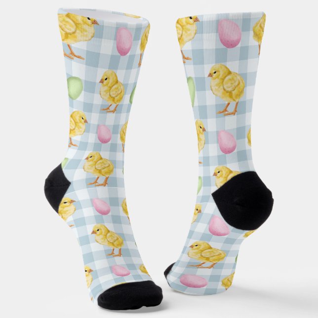 Watercolor Chick And Eggs On Blue Gingham Pattern Socks (Angled)