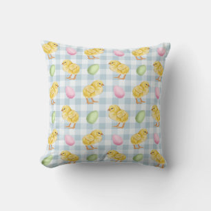 Watercolor Chick And Eggs On Blue Gingham Pattern Throw Pillow