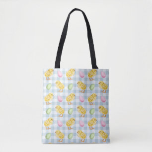 Watercolor Chick And Eggs On Blue Gingham Pattern Tote Bag